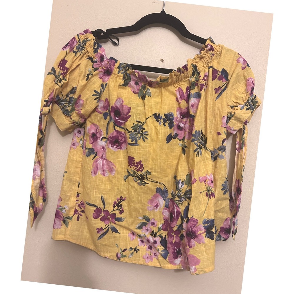Forever 21 Floral Off Shoulder Top Womens M Yellow Excellent Tie Sleeve Cotton